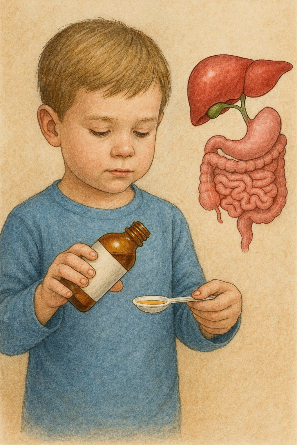 Niño tomando un jarabe. Generada con IA